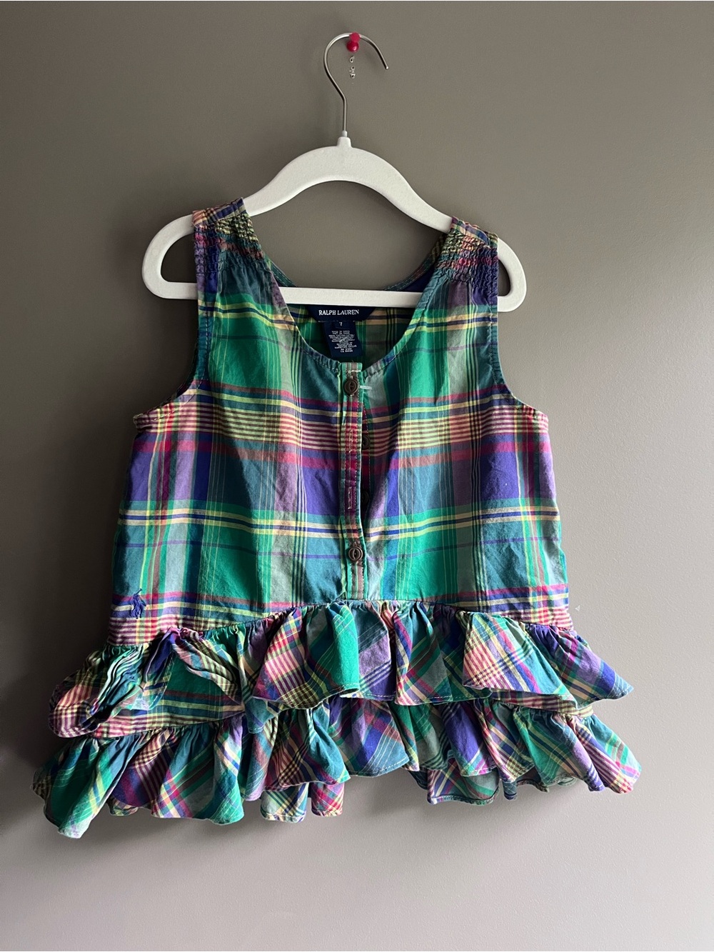 Ralph Lauren Green Plaid Ruffle Tank Top - Girls 7 small